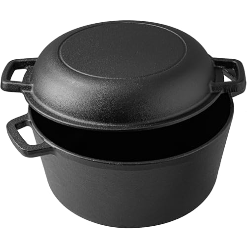 Vivicreate 5 QT Cast Iron Dutch Oven 2 in 1 Pre Seasoned with Skillet Lid Oven Safe Campfire Baking Sourdough Bread Camp