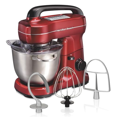 Hamilton Beach Electric Stand Mixer, 4 Quarts, Dough Hook, Flat Beater Attachments, Splash Guard, 7 Speeds with Whisk, E