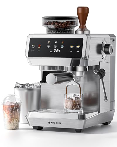 AMZCHEF Espresso Machine With Grinder, 190℉-201℉ Temp Control Coffee machine with 44 Grind Setting, Milk Frother, Touch 