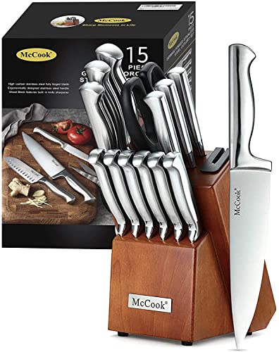 McCook® Knife Sets, German Stainless Steel Kitchen Knife Block Sets with Built-in Sharpener, 15 Piece Chef Knife and Mor