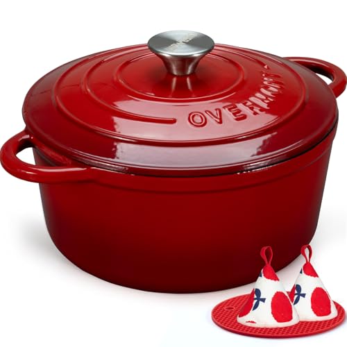 Overmont Enameled Cast Iron Dutch Oven - 7QT Pot with Lid Cookbook & Cotton Potholders - Heavy-Duty Cookware for Braisin