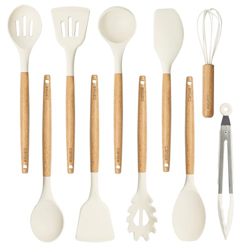 CAROTE 10-Piece Kitchen Utensils Set with Wood Cool-Touch Handles, Cream