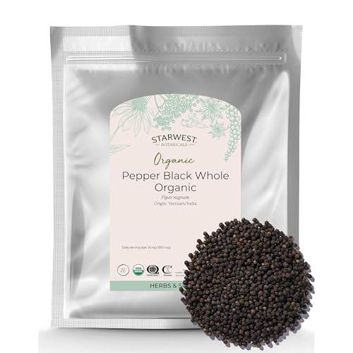 Starwest Botanicals Organic Whole Black Pepper - Black Peppercorns for Grinder Refill, Sourced from India, Sri Lanka, & 