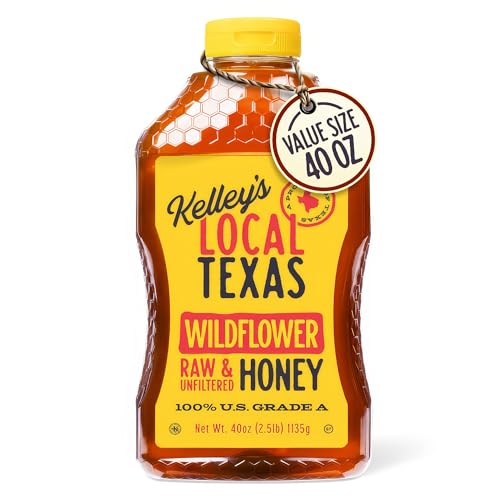 Kelley's Local Texas Wildflower Honey 40 oz – 100% Pure, Raw and Unfiltered – All-Natural American Honey for Tea, Baking