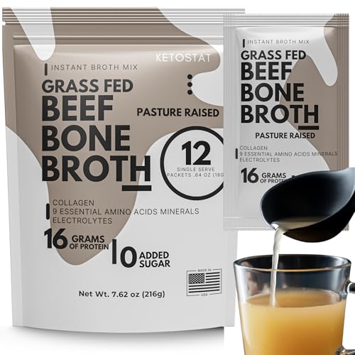 Ketostat Bone Broth Protein Powder Packets, Grass-Fed Beef (12 Pack, 18g) - 16 Grams of Hydrolyzed Beef Collagen Protein