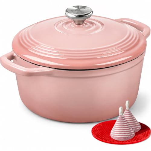 Overmont Enameled Cast Iron Dutch Oven - 5.5QT Pot with Lid Cookbook, Pink