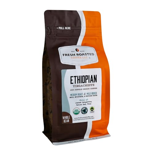 Fresh Roasted Coffee, Organic Ethiopian Yirgacheffe Whole Bean Coffee, Light Roast, USDA Organic, 3rd Party Tested for M