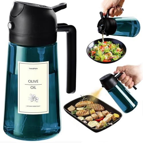 TrendPlain 16oz/470ml Blue Glass Olive Oil Sprayer for Cooking - 2 in 1 Olive Oil Dispenser for Kitchen Gadgets, Air Fry