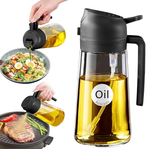 YARRAMATE 16oz/470ml Glass Olive Oil Sprayer for Cooking with Stickers, 2 in 1 Oil Dispenser for Kitchen Gadgets, Food G