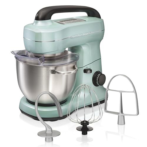 Hamilton Beach Electric Stand Mixer, 4 Quarts, Dough Hook, Flat Beater Attachments, Splash Guard, 7 Speeds with Whisk, E