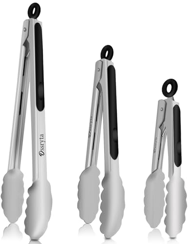 Ossryta Stainless Steel Cooking Tongs Set of 3 - Heavy Duty 12/9/7 Inch Locking Tongs, Heat Resistant to 600 Degrees, Fo