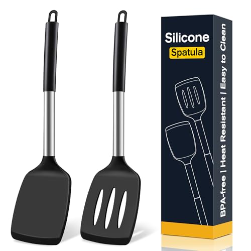 2 Pack Silicone Spatula Set, Solid & Slotted Turner for Non-Stick Pans, High Heat Resistant Silicone Spatula for Cooking