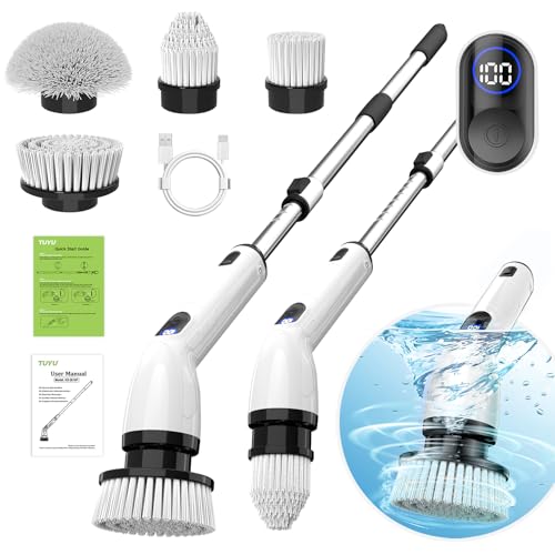 TUYU Electric Spin Scrubber, Full-Body IPX7 Waterproof Bathroom Scrubber with Power LCD Display, Adjustable Extension Ha