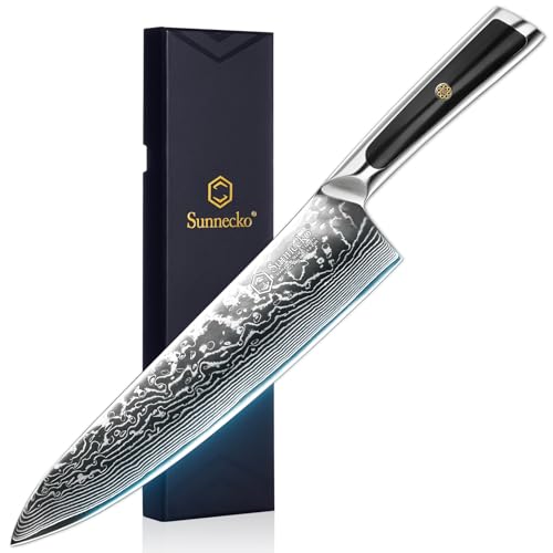 Sunnecko 8 Inch Japanese Damascus Chef Knife - Ultra Sharp 10-12 Degree Edge VG10 67 Layers Kitchen Cooking Knives for M