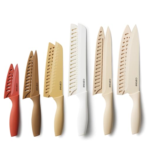 CAROTE Knife Set, 12 Pieces Kitchen Knife Set, 6 Stainless Steel Knives with Blade Guards & Nonstick Ceramic Coating, Ru