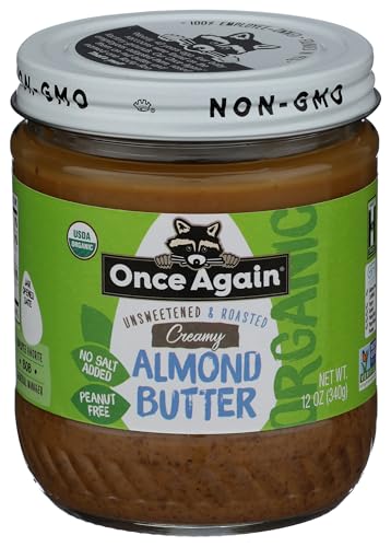 Once Again Creamy Organic Almond Butter No Sugar, Roasted - Single Ingredient Nut Butter, No Palm Oil, No Salt - Glass J