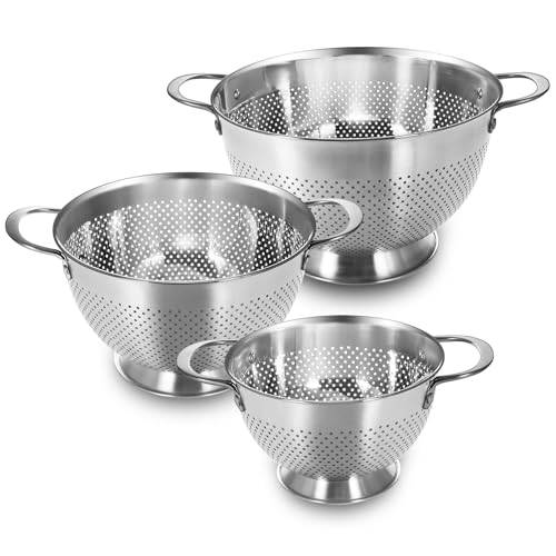 Stainless Steel Colander Set of 3 (1.5-3-5Quart) | Durable Rice and Pasta Strainer with Handle | Oversized Handles | Nes