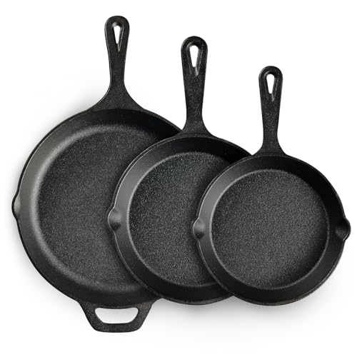 EWFEN Cast Iron Skillet 3-Piece Set, Heavy-Duty Professional Restaurant Chef Quality Pre-Seasoned Pan Cookware Set, 6", 