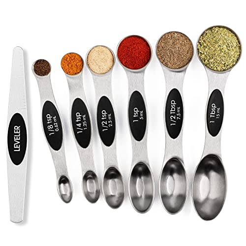 Magnetic Measuring Spoons Set Stainless Steel with Leveler, Stackable Metal Tablespoon Measure Spoon for Baking, Cups an