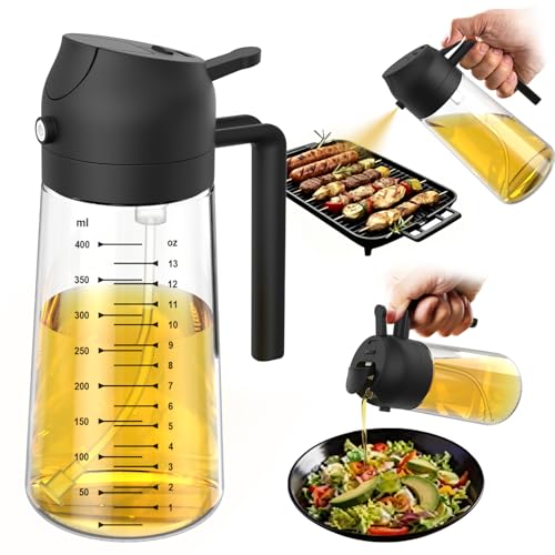 TrendPlain 16oz/470ml Glass Olive Oil Sprayer for Cooking – 2 in 1 Olive Oil Dispenser Bottle for Kitchen Gadgets and Ai