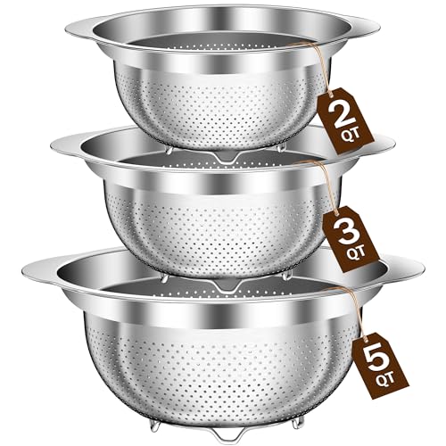 Stainless Steel Colander for Kitchen, Stainless Steel Strainer, Pasta Strainer for Spaghetti Fruit Cooking Food, 3 Pcs S