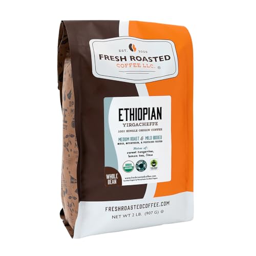 Fresh Roasted Coffee, Organic Ethiopian Yirgacheffe Whole Bean Coffee, Light Roast, USDA Organic, 3rd Party Tested for M