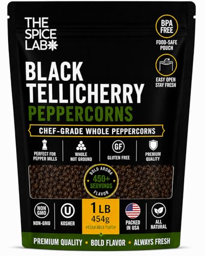 Tellicherry Black Peppercorns for Grinder Refill - Packed in the USA - Steam Sterilized Kosher Non-GMO All Natural Whole