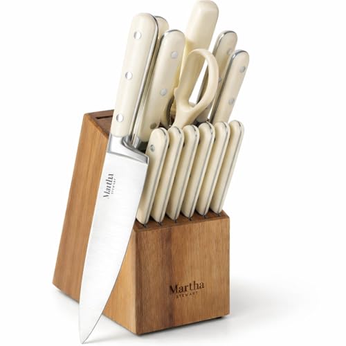 MARTHA STEWART Eastwalk 14 Piece High Carbon Stainless Steel Cutlery Kitchen Knife Block Set w/ABS Triple Riveted Forged