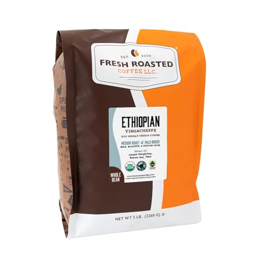 Fresh Roasted Coffee, Organic Ethiopian Yirgacheffe Whole Bean Coffee, Light Roast, USDA Organic, 3rd Party Tested for M