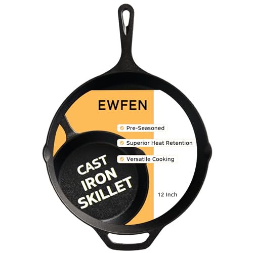 EWFEN Cast Iron Skillet 12 Inch, Pre-Seasoned Frying Pan, Heavy-Duty Professional Restaurant Chef Quality Cookware with 
