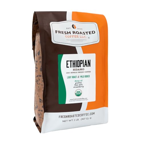 Fresh Roasted Coffee, Organic Ethiopian Natural Whole Bean Coffee, Light Roast, USDA Organic, 100% Single Origin, Kosher
