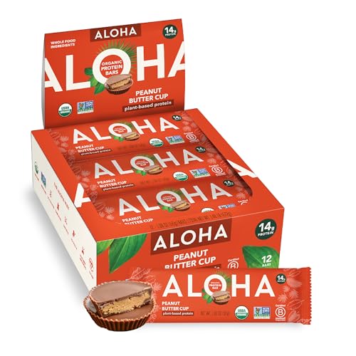 ALOHA Organic Plant Based Protein Bars - Peanut Butter Cup Bar - 12 Bars, Vegan, Low Sugar, Gluten-Free, Low Carb, Non-G