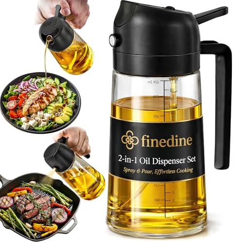 FineDine 16oz Olive Oil Sprayer for Cooking, 2 in 1 Olive Oil Dispenser Bottle for Kitchen, Air Fryer, Salad, BBQ & Baki