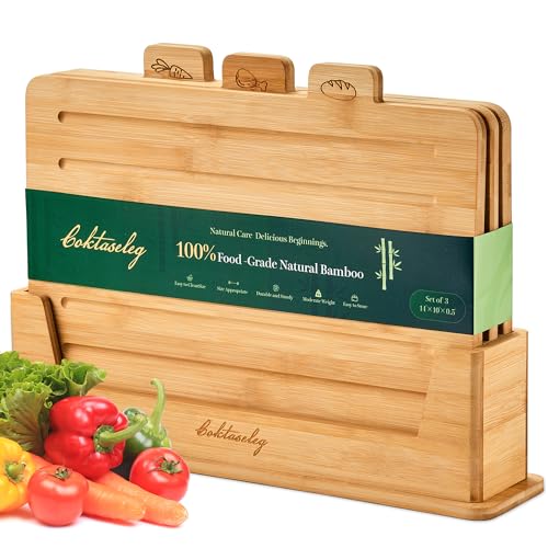 Coktaseleg Bamboo Cutting Boards for Kitchen Set of 3, Large 14’’ x 10’’ with Holder, Wooden Cutting Board with Juice Gr