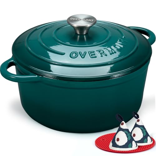 Overmont Enameled Cast Iron Dutch Oven - 7QT Pot with Lid Cookbook & Cotton Potholders - Heavy-Duty Cookware for Braisin