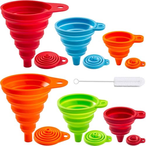 KALAVE Kitchen Funnel Set 6 Pack - Food Grade Silicone Collapsible Funnel, Funnels for Kitchen Use Filling Bottles, Dail