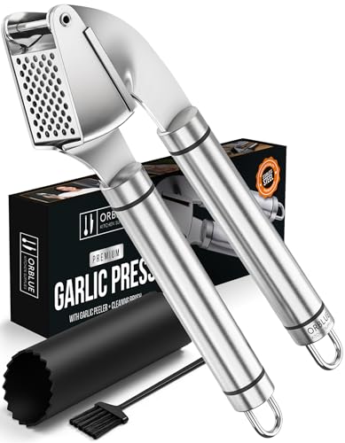 ORBLUE Garlic Press Stainless Steel - Premium Professional Grade Garlic Mincer, Crusher & Peeler Set - Easy Clean, Dishw