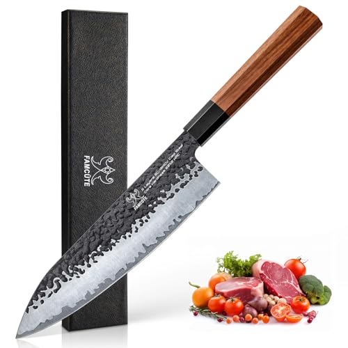FAMCÜTE 8 Inch Japanese Knife, Hand Forged 5 Layers High Carbon 9CR18MOV Steel Rosewood Handle Chef Knife, Ultra Sharp D