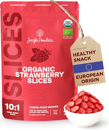 Jungle Powders Freeze Dried Strawberries Organic USDA Certified Strawberry Slices 3.2 Ounce Bag Premium Dry Fruit Health