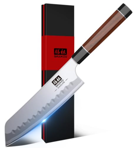 SHAN ZU 7 Inch Japanese Santoku Knife, 9 Layers 10Cr15MoV High Carbon Steel | Professional Kitchen Knife, Sharp Cooking 