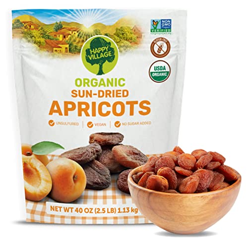 Happy Village Organic Turkish Dried Apricots, No Sugar Added Dried Fruit, 40 OZ Resealable Pack - Kosher, Non-GMO, Unswe