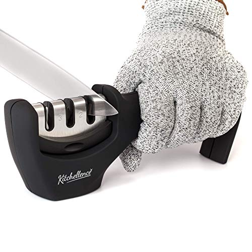 4-in-1 Kitchen Knife Accessories: 3-Stage Knife Sharpener Helps Repair, Restore, Polish Blades and Cut-Resistant Glove (