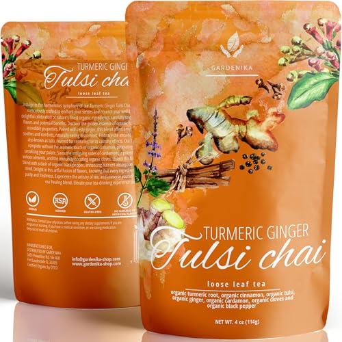 Organic Turmeric Ginger Tulsi Chai Tea | Loose Leaf | Ayurvedic Superfood Blend | Herbal and Caffeine-Free | 55+ Cups | 