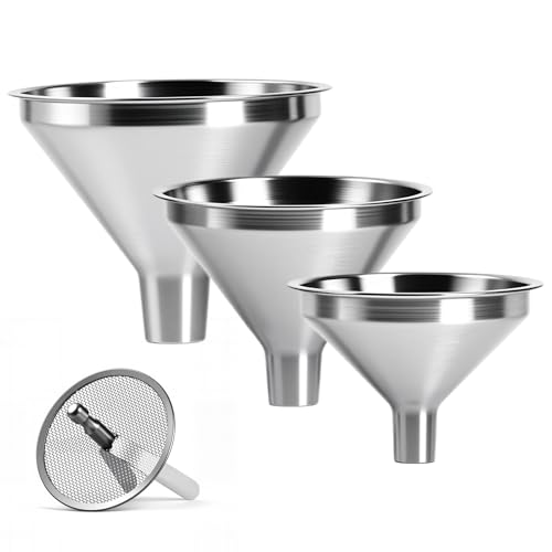 Lunexira 4-Piece Stainless Steel Kitchen Funnel Set, Includes 3 Funnel Sizes and 1 Strainer. Ideal for transferring seas