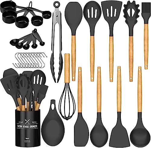 Umite Chef Kitchen Cooking Utensils Set, 33 pcs Non-Stick Silicone Cooking Kitchen Spatula Set with Holder, Wooden Handl