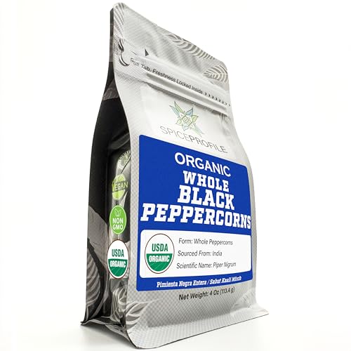 Spice Profile USDA Organic Whole Black Peppercorns, 4 oz | Sun-Dried Kali Mirch | Lab Tested for Heavy Metals | Premium 