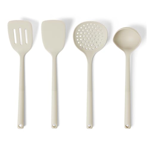 Amazon Basics Silicone Cooking Spoon, Ladle and Spatula Set, 4-Piece, Slotted, Soft Grip Handle, BPA-Free, Dishwasher-Sa