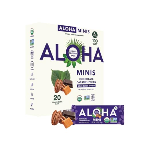 ALOHA Organic Plant Based Protein Bar MINIS | Caramel Chocolate Pecan | GLP-1 Friendly, 20 Count, 24g Bars | Vegan, Low 