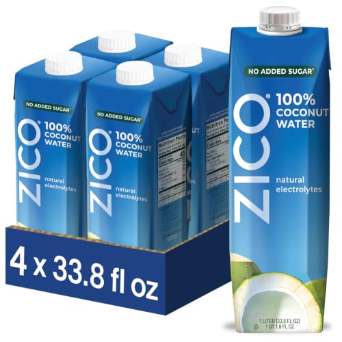 Zico 100% Coconut Water, No added Sugar, Refreshingly Delicious, Hydration with Electrolytes, 33.8 Fl Oz (Pack of 4)
