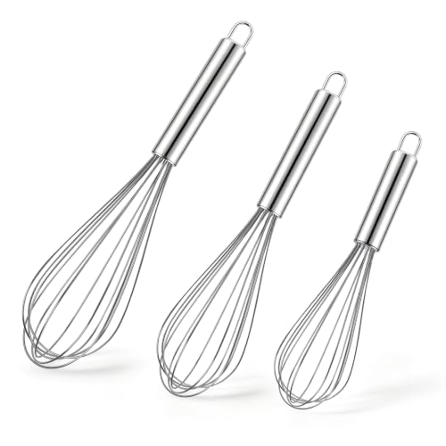 Ninsula 3 Pack Stainless Steel Whisk, 8" 10" 12" Thicken Heavy Duty Whisk Set, Food Grade Kitchen Wire Whisks for Cookin